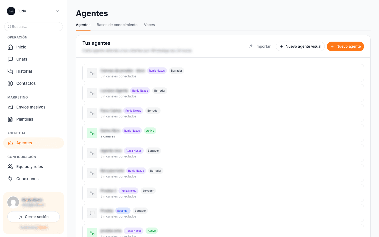 Lista de agentes. El botón 'Nuevo agente visual' es el que abre el canvas.