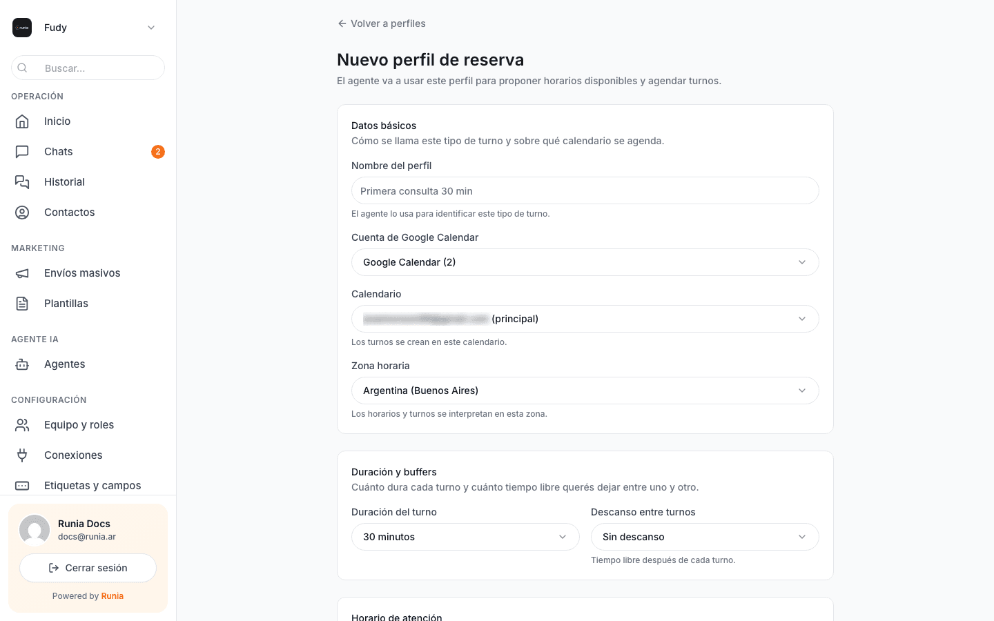 Formulario de Nuevo perfil de reserva