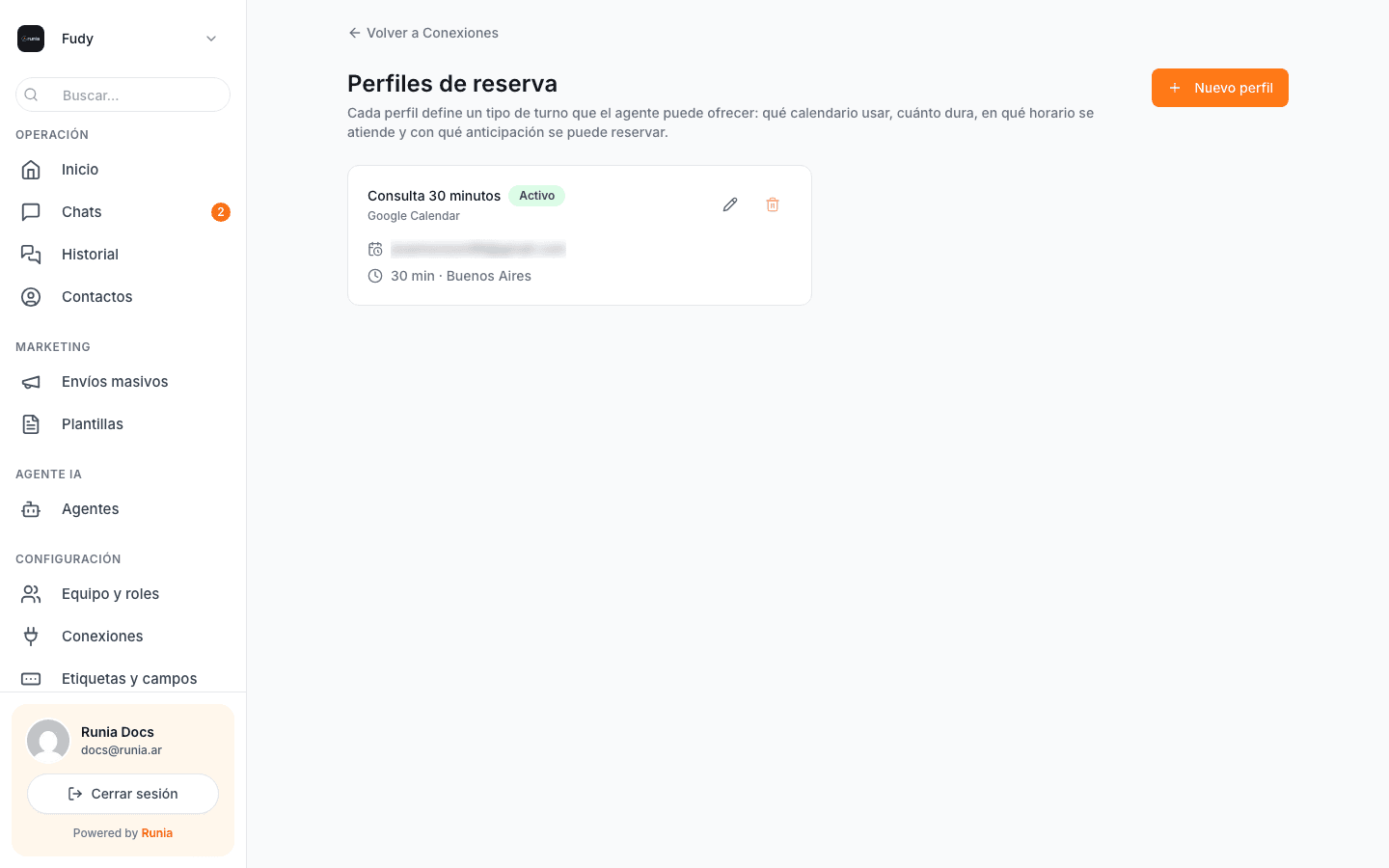 Lista de perfiles de reserva del calendario conectado