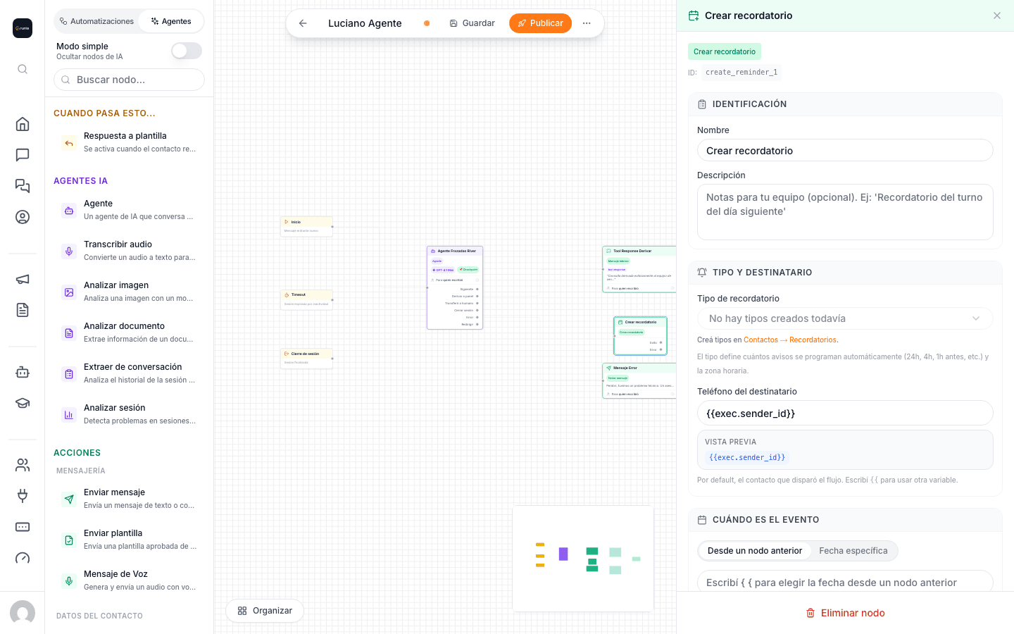 Nodo create_reminder configurado en el canvas, conectado después de un nodo de integración que agendó el turno