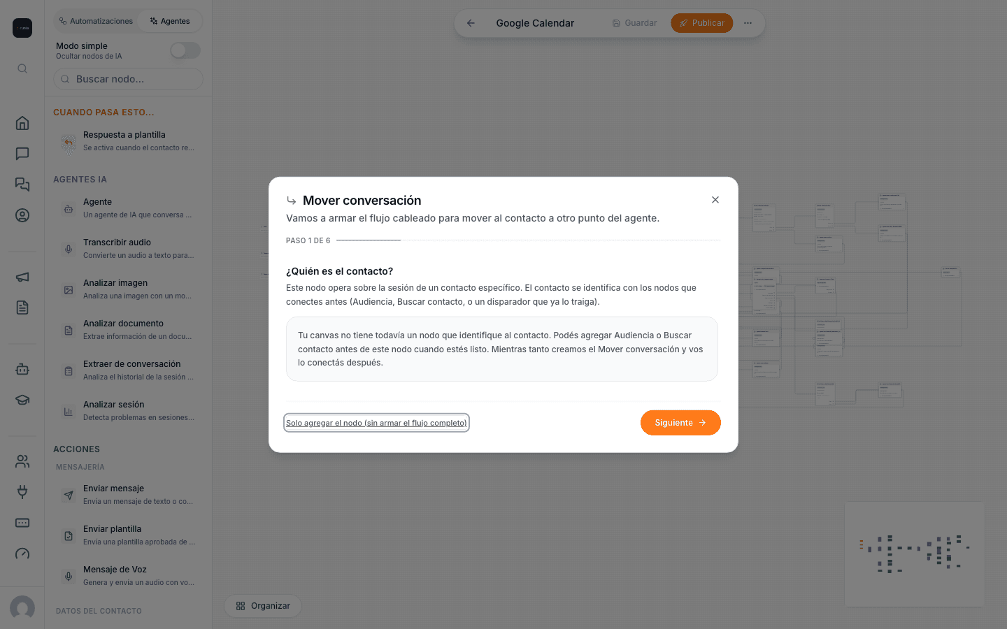 Wizard de Mover conversación al arrastrar el nodo al canvas