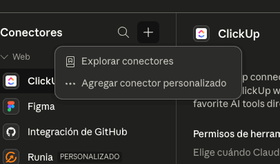 El botón + abre el menú para agregar un conector personalizado