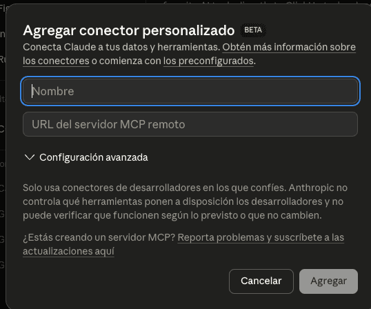 Solo necesitás el nombre y la URL del servidor MCP