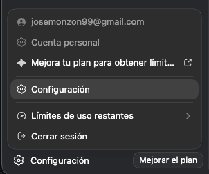 Menú de cuenta con la opción Configuración