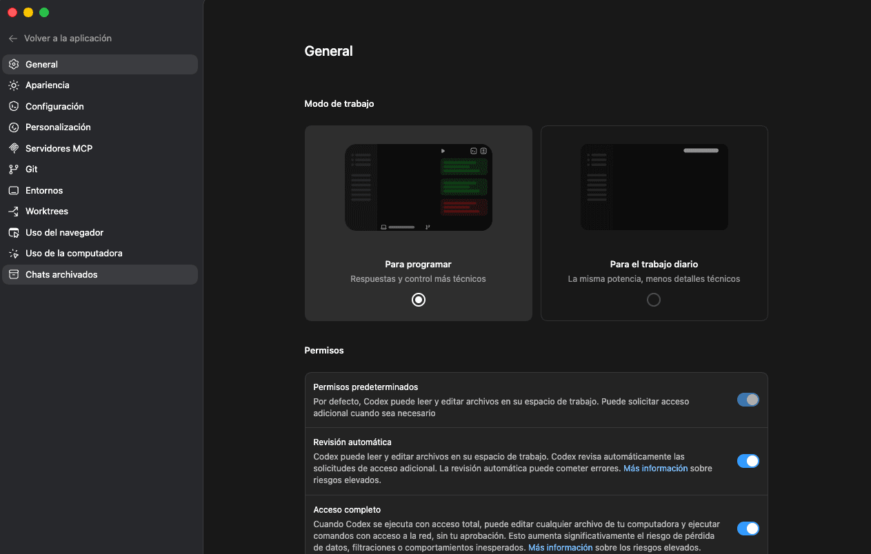 Panel de configuración de Codex
