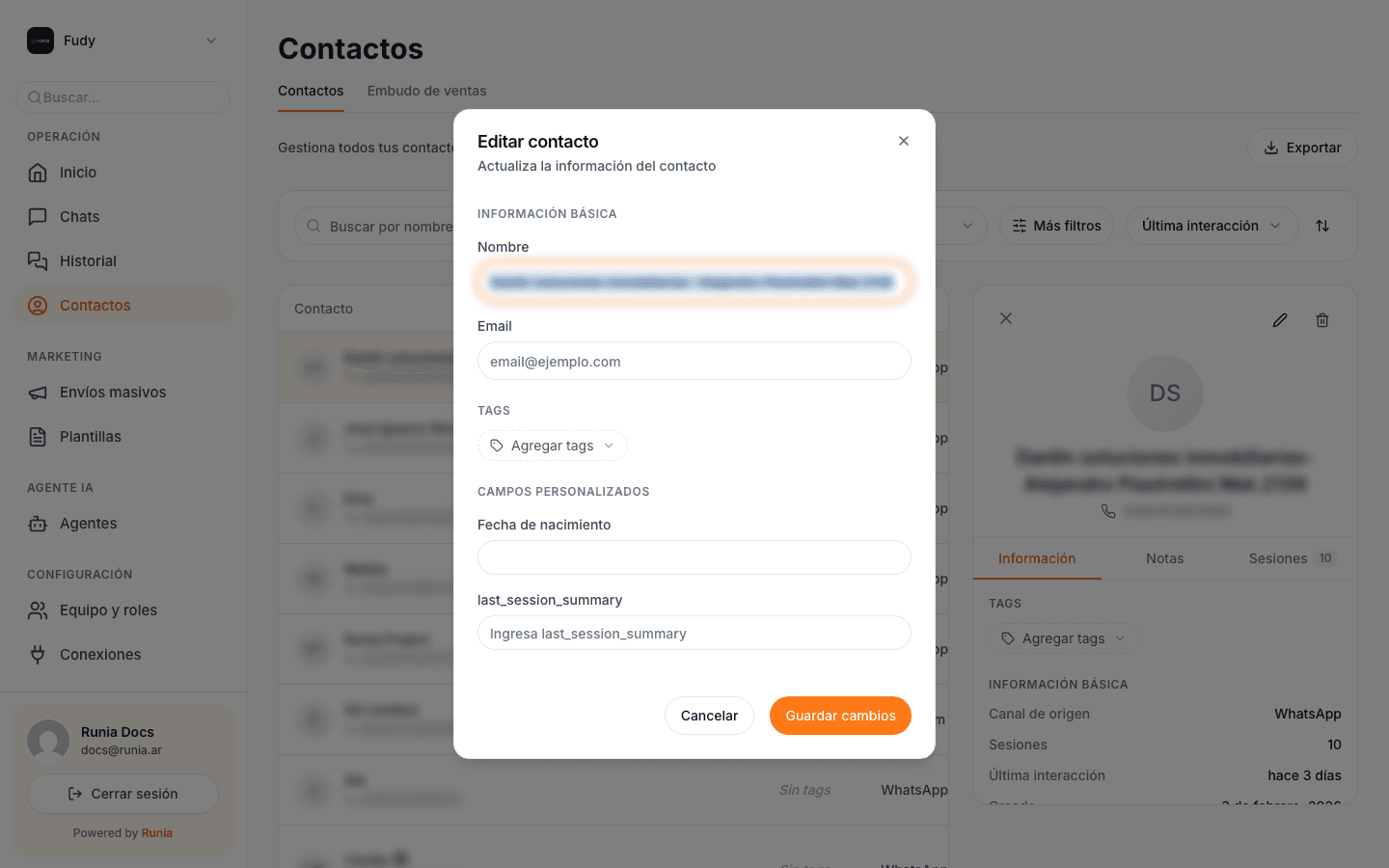 Formulario de edición con información básica, tags y campos personalizados