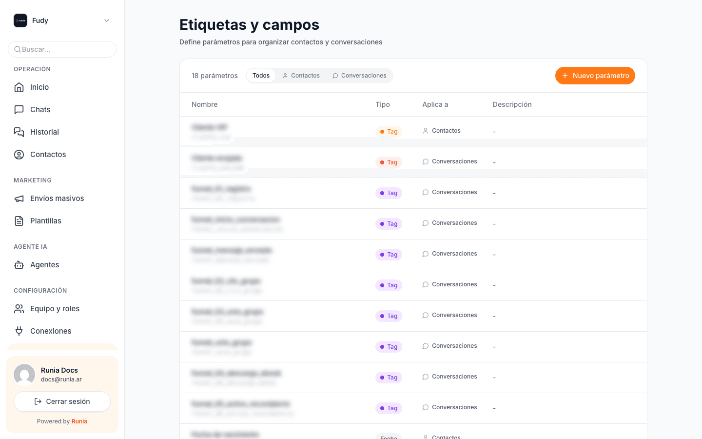 Lista de parámetros. Cada uno tiene tipo, a qué se aplica y descripción.