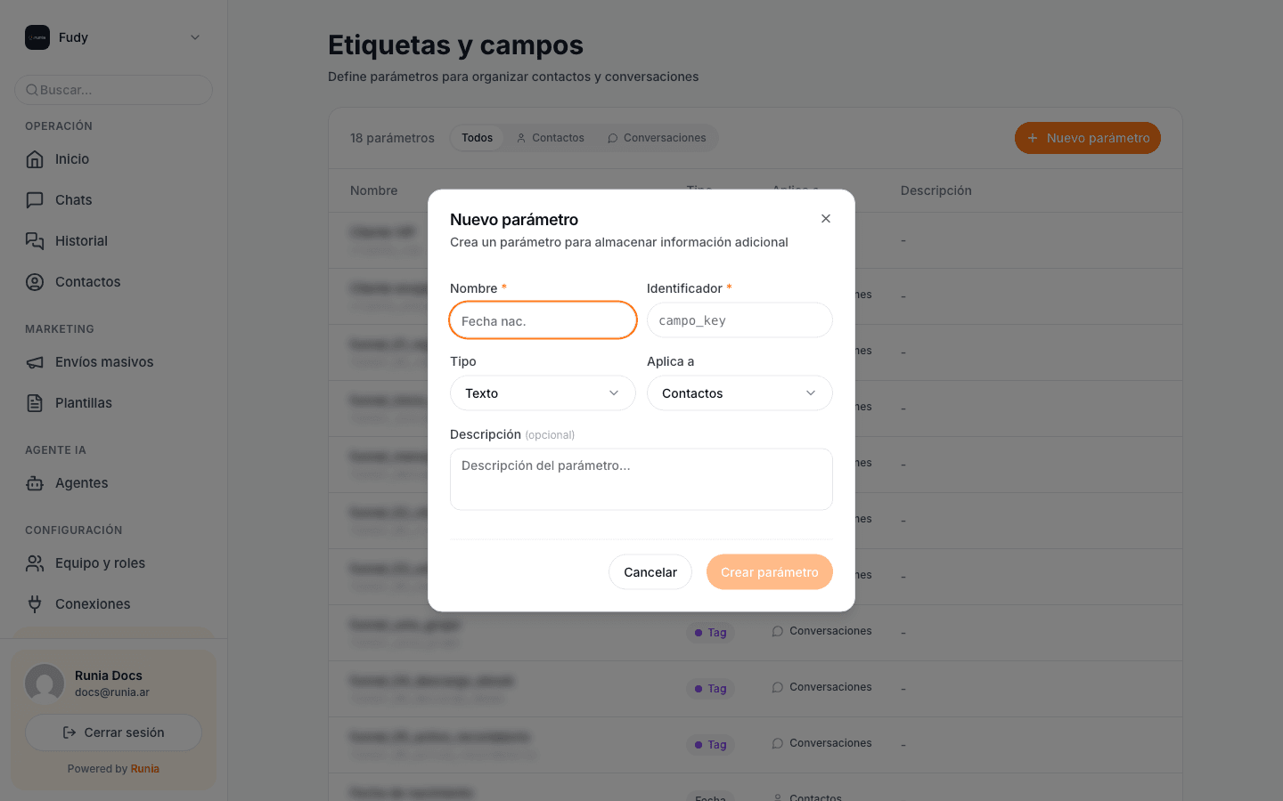 Formulario para crear un parámetro nuevo