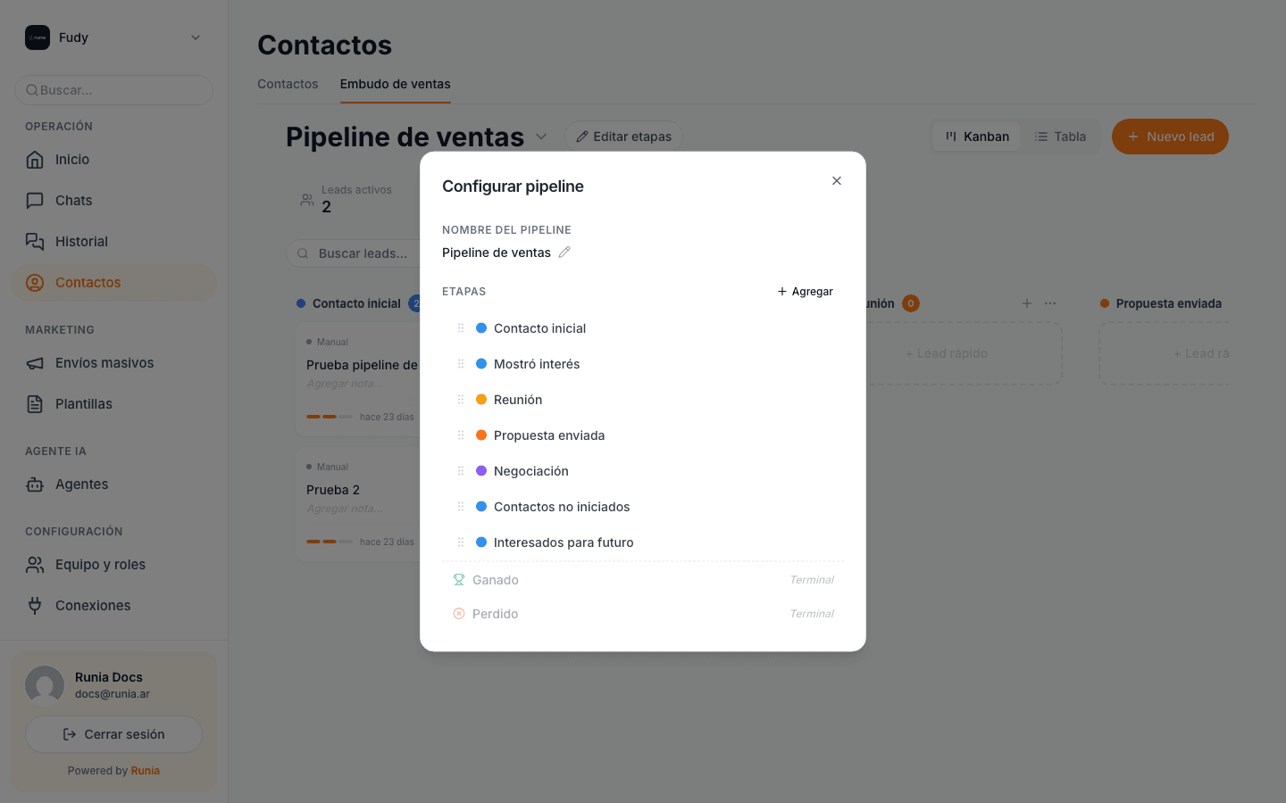 Configurar el nombre del pipeline y las etapas por las que pasa un lead