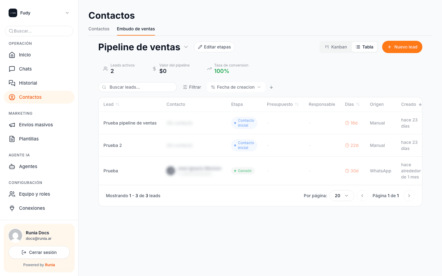 Misma información del Kanban pero en formato tabla