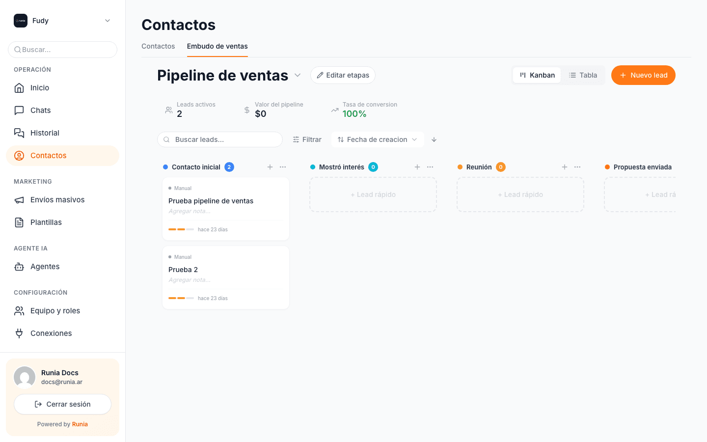 Vista Kanban del pipeline, con leads distribuidos en columnas por etapa