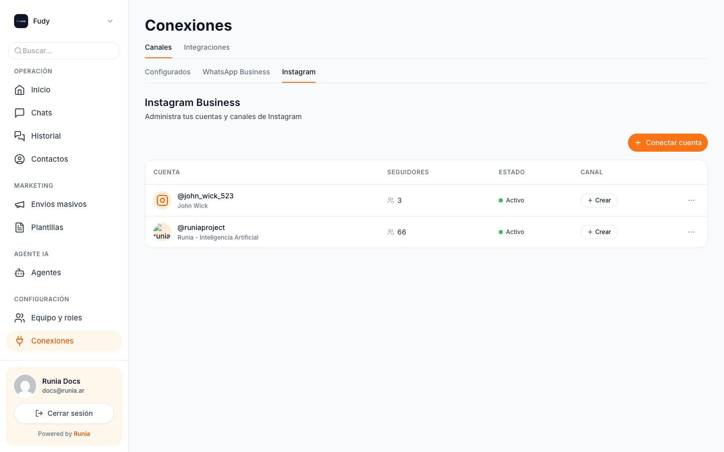 Vista de cuentas de Instagram conectadas. El botón 'Conectar cuenta' arriba a la derecha.