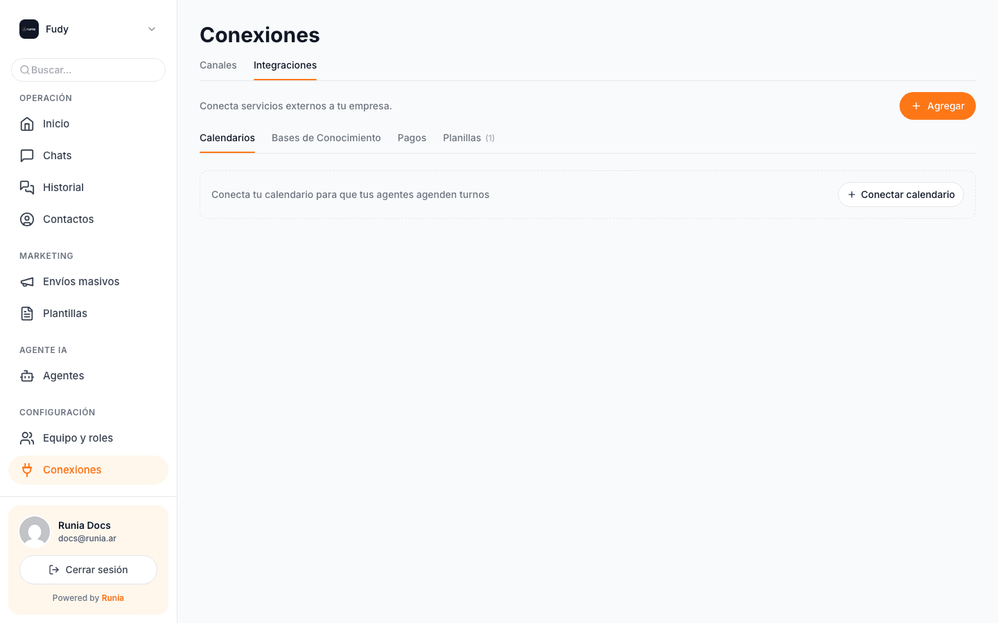 La sección Calendarios dentro de Integraciones