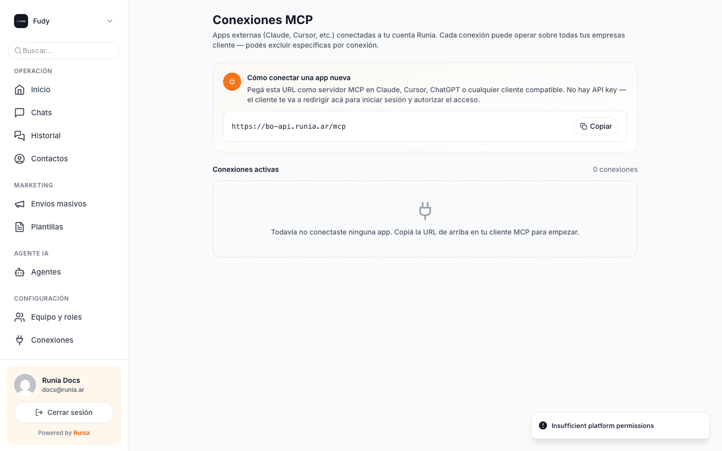 Página de Conexiones MCP con la URL del servidor y las conexiones activas