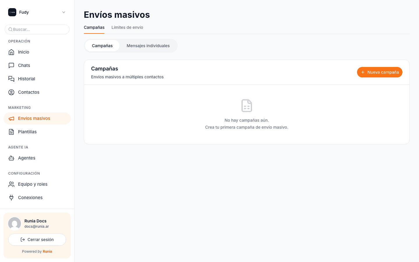 Lista de campañas. Cuando recién empezás, está vacía.
