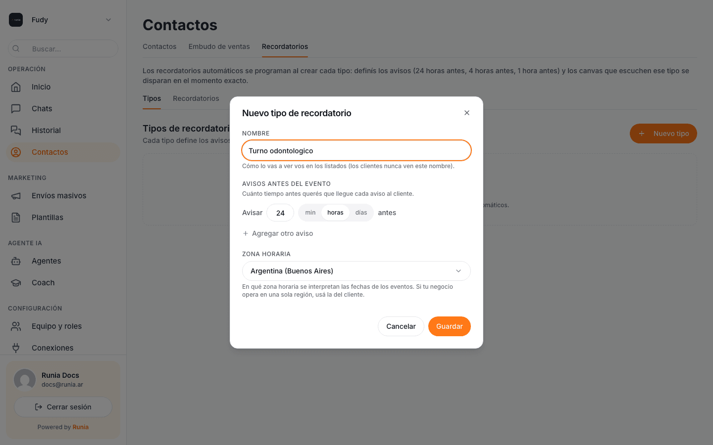 Formulario para crear un tipo de recordatorio con nombre, avisos y zona horaria