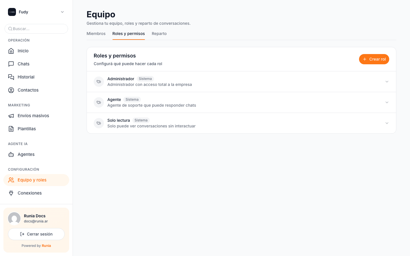 Los tres roles del sistema. Con '+ Crear rol' armás uno personalizado.
