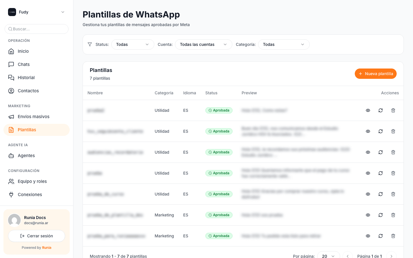 Lista de plantillas con su estado de aprobación