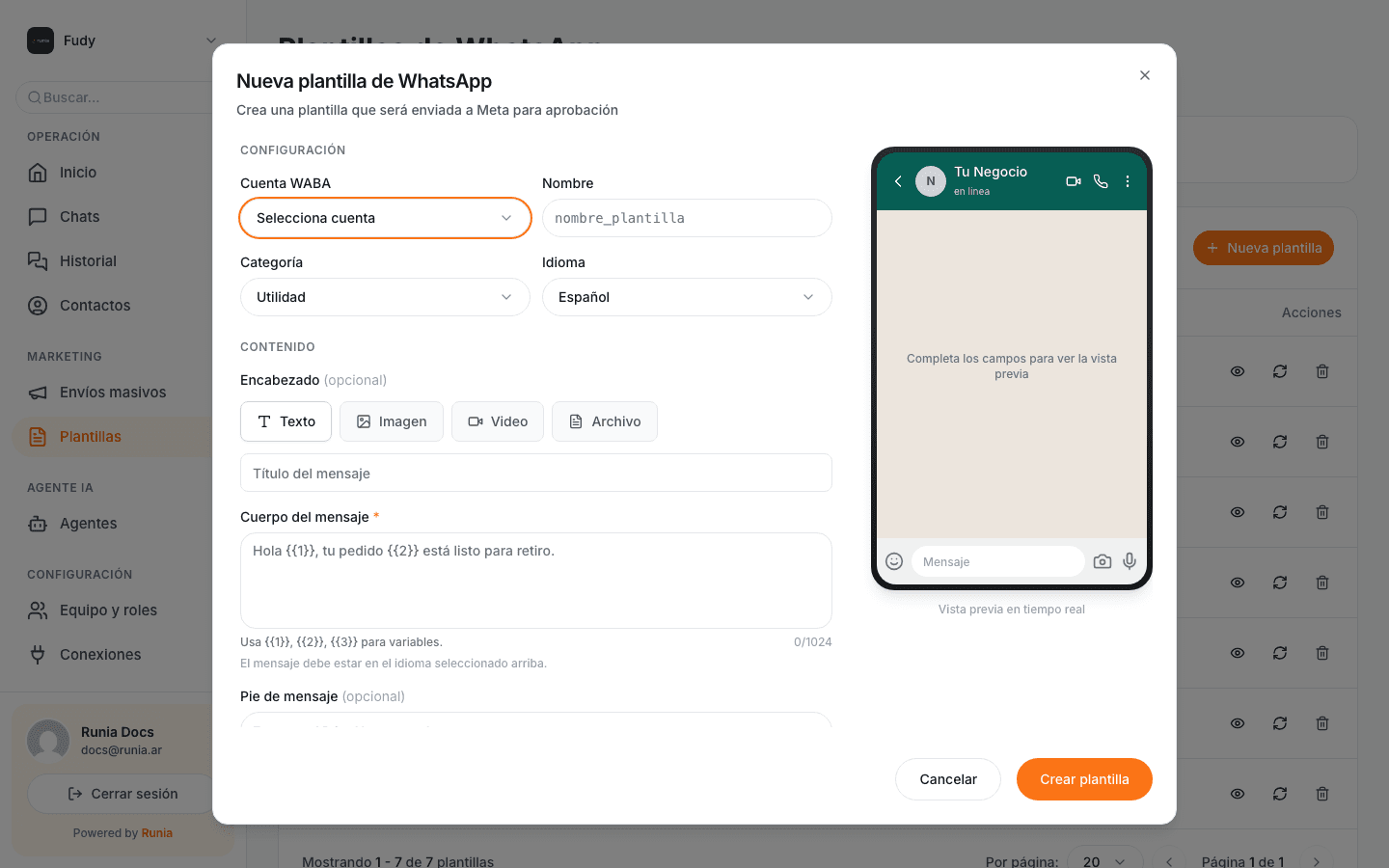 Formulario de nueva plantilla con preview en vivo a la derecha