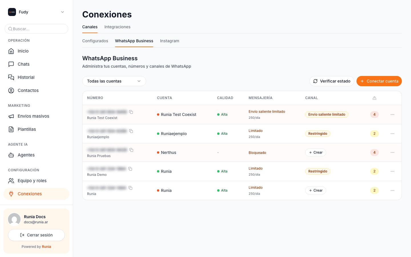 Vista de cuentas de WhatsApp conectadas. Botón 'Conectar cuenta' arriba a la derecha.