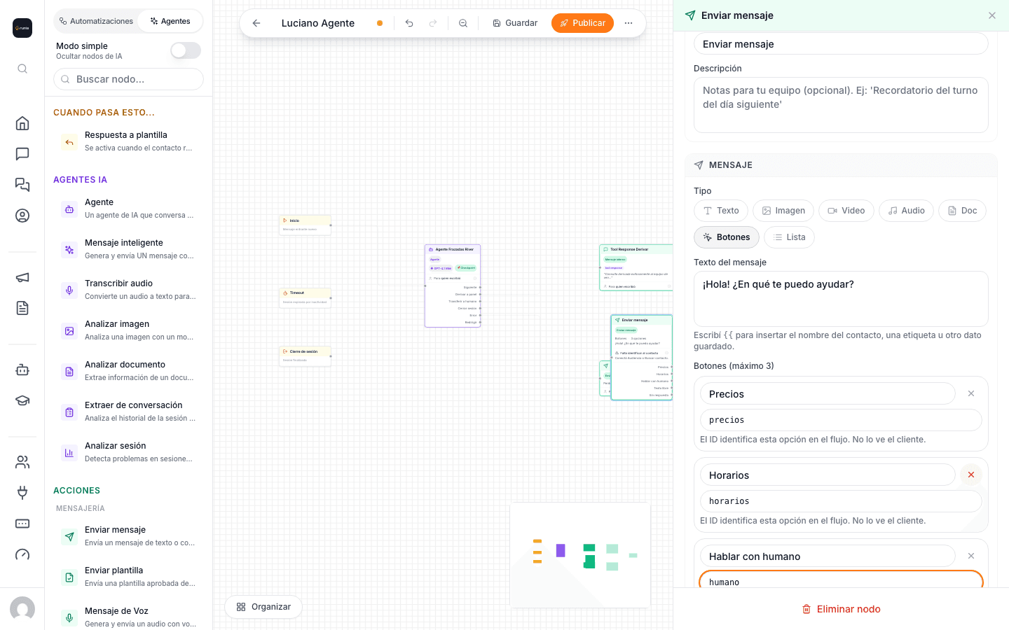 Panel de configuración del send_message con tipo interactivo, tres botones y la opción de esperar respuesta activada