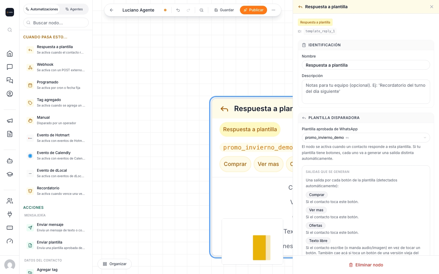Trigger Respuesta a plantilla configurado con promo_invierno y sus tres botones listados como salidas