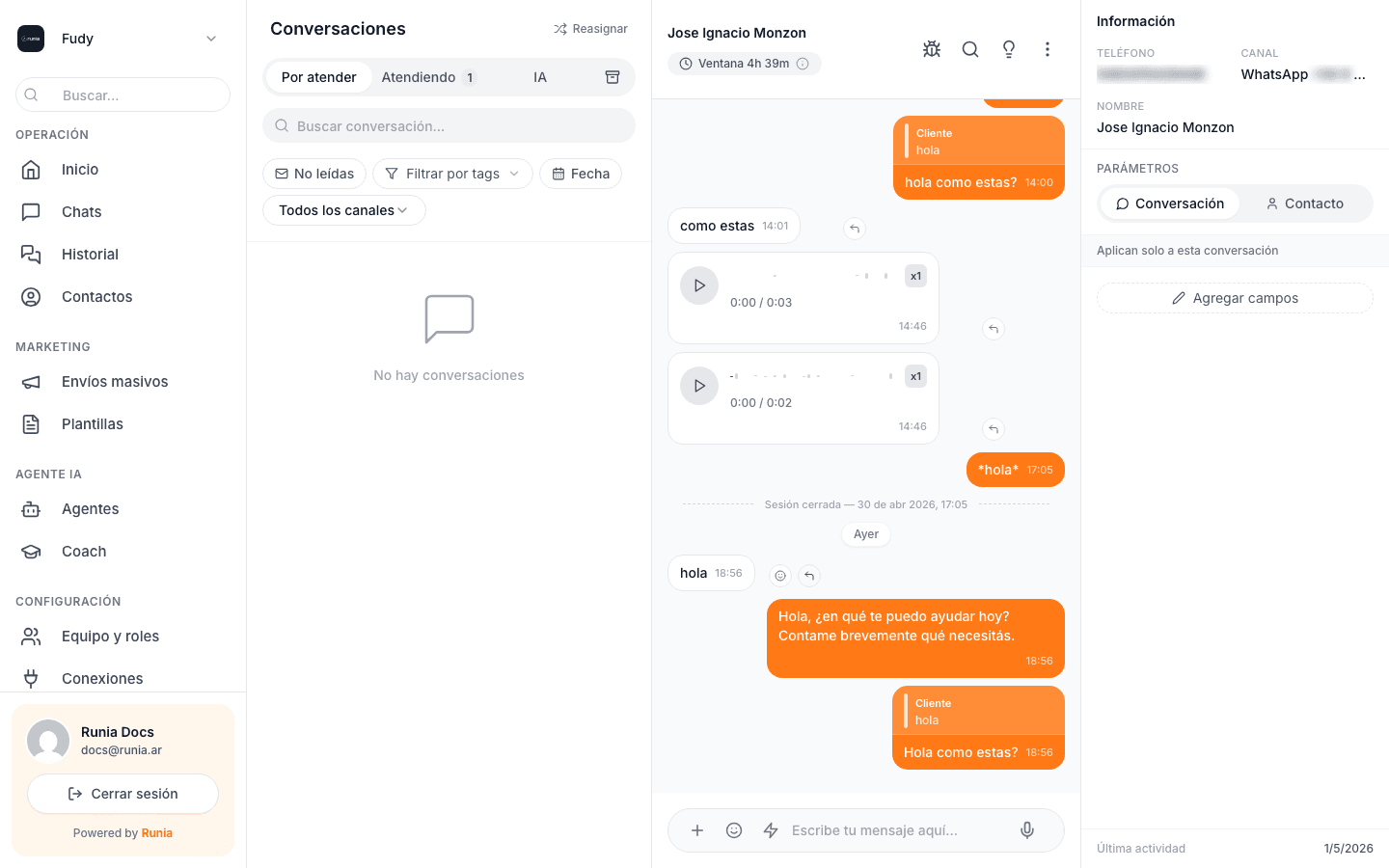 Pasar el cursor por un mensaje muestra el botón Responder a la derecha