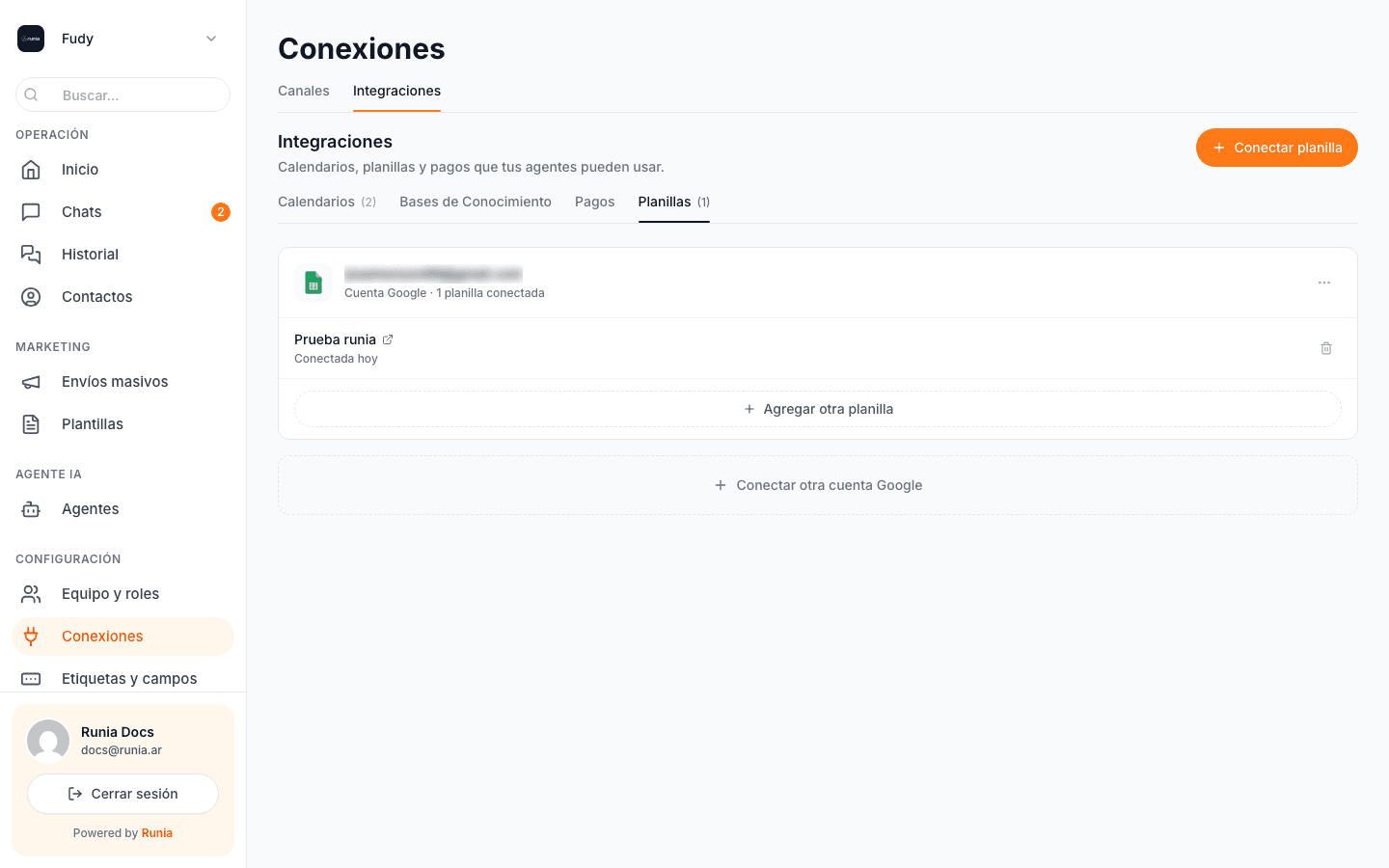 La sub-tab Planillas dentro de Conexiones → Integraciones