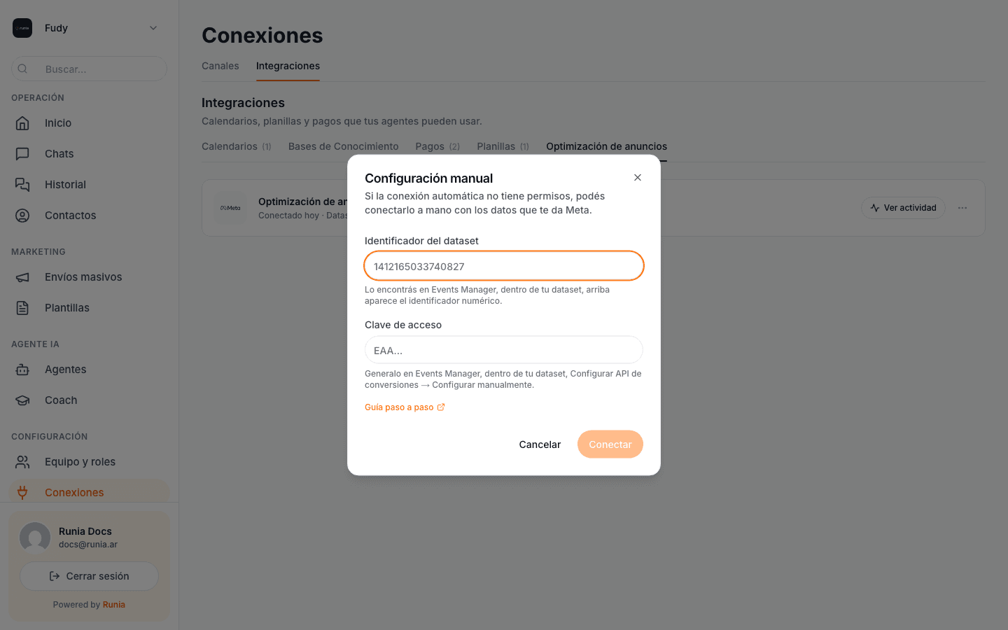 Formulario de configuración manual: Identificador del dataset y Clave de acceso.