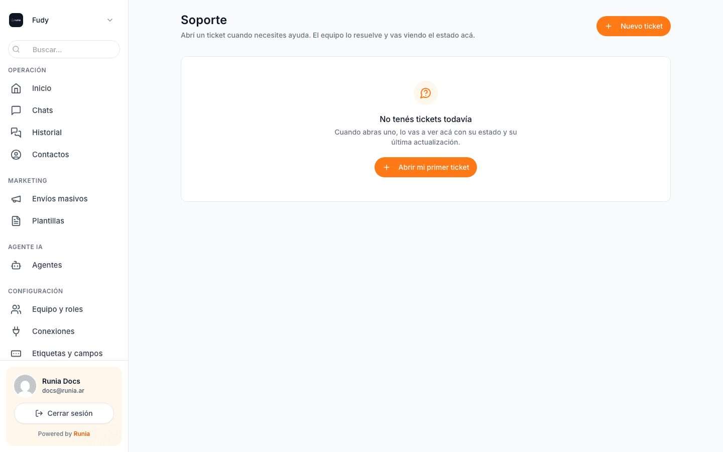 La pantalla de Soporte cuando todavía no abriste ningún ticket